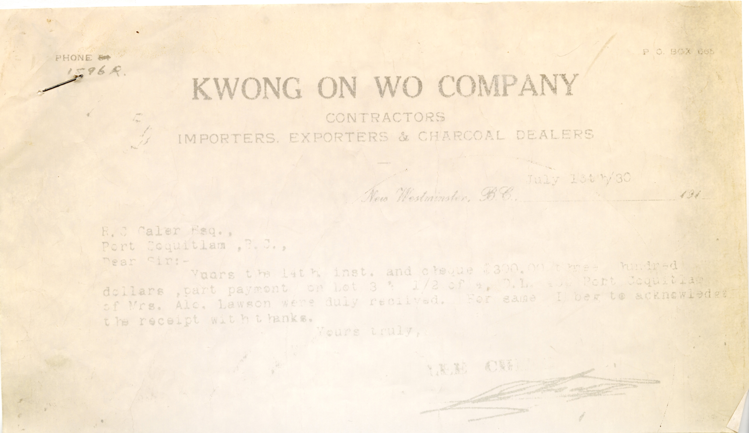 A scanned receipt for land sale with faded black print and "Kwong On Wo" in large font