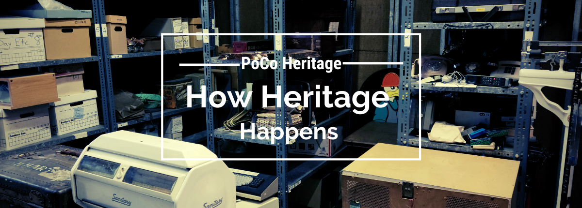 White text that reads "How Heritage Happens" over a faded photograph of various artefacts on museum shelving